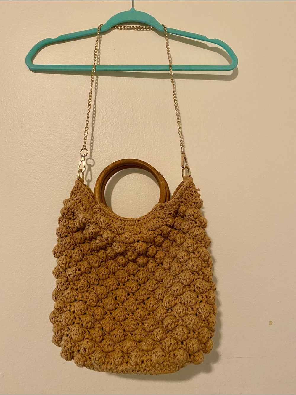 Zara Crochet Bubble Shoulder Bag with Wooden Handles - Brown